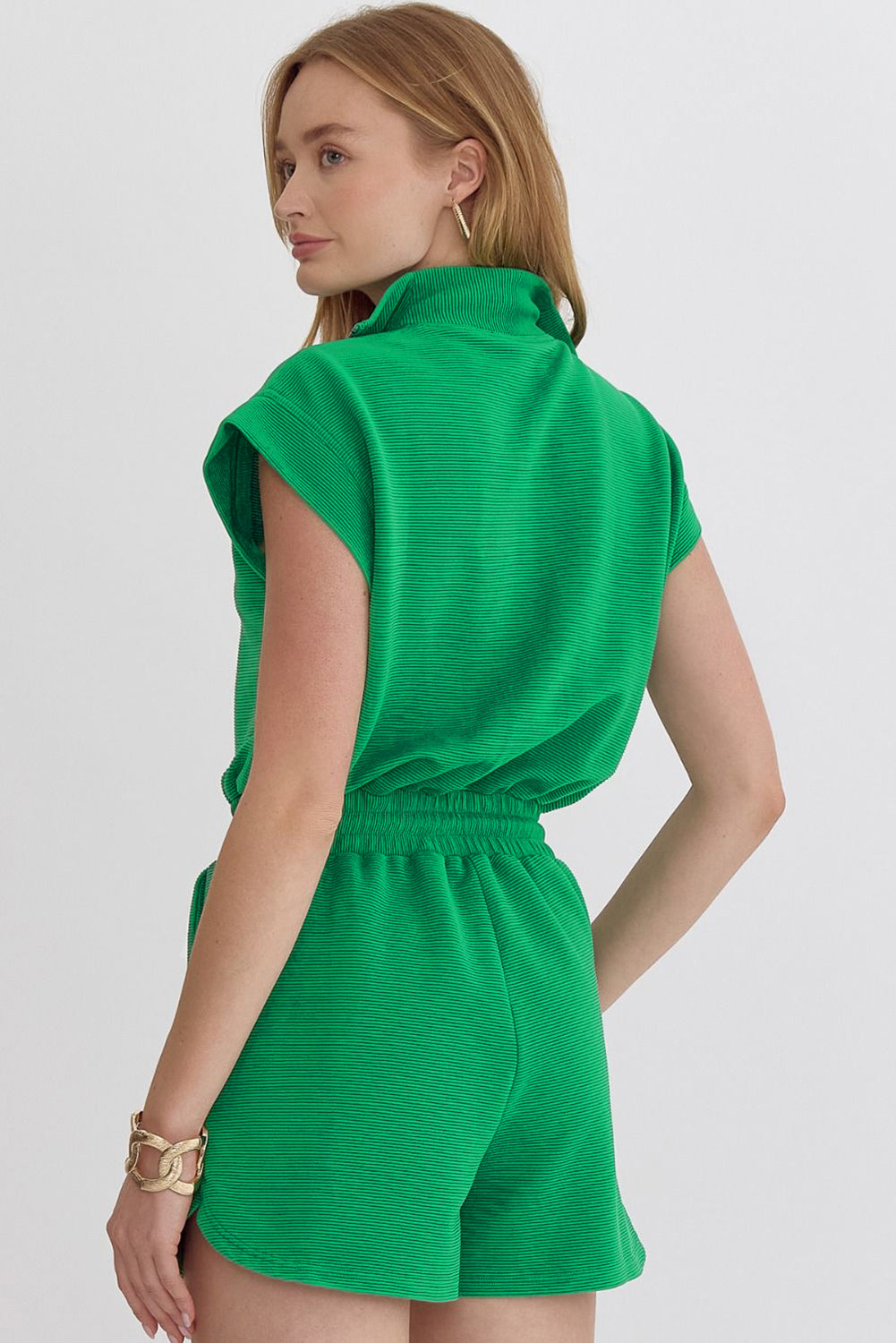 Textured Short Sleeve Half Zip Drawstring Elastic Waistband Romper