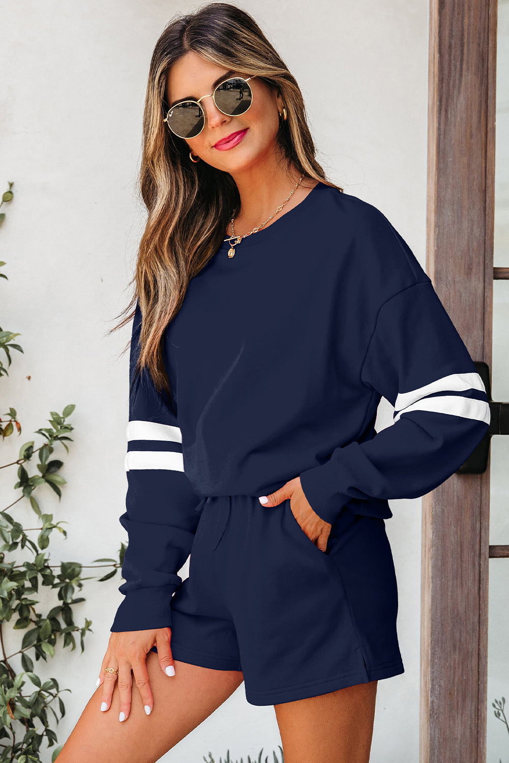 Black Varsity Striped Sleeve Drop Shoulder Sweatshirt and Short Set