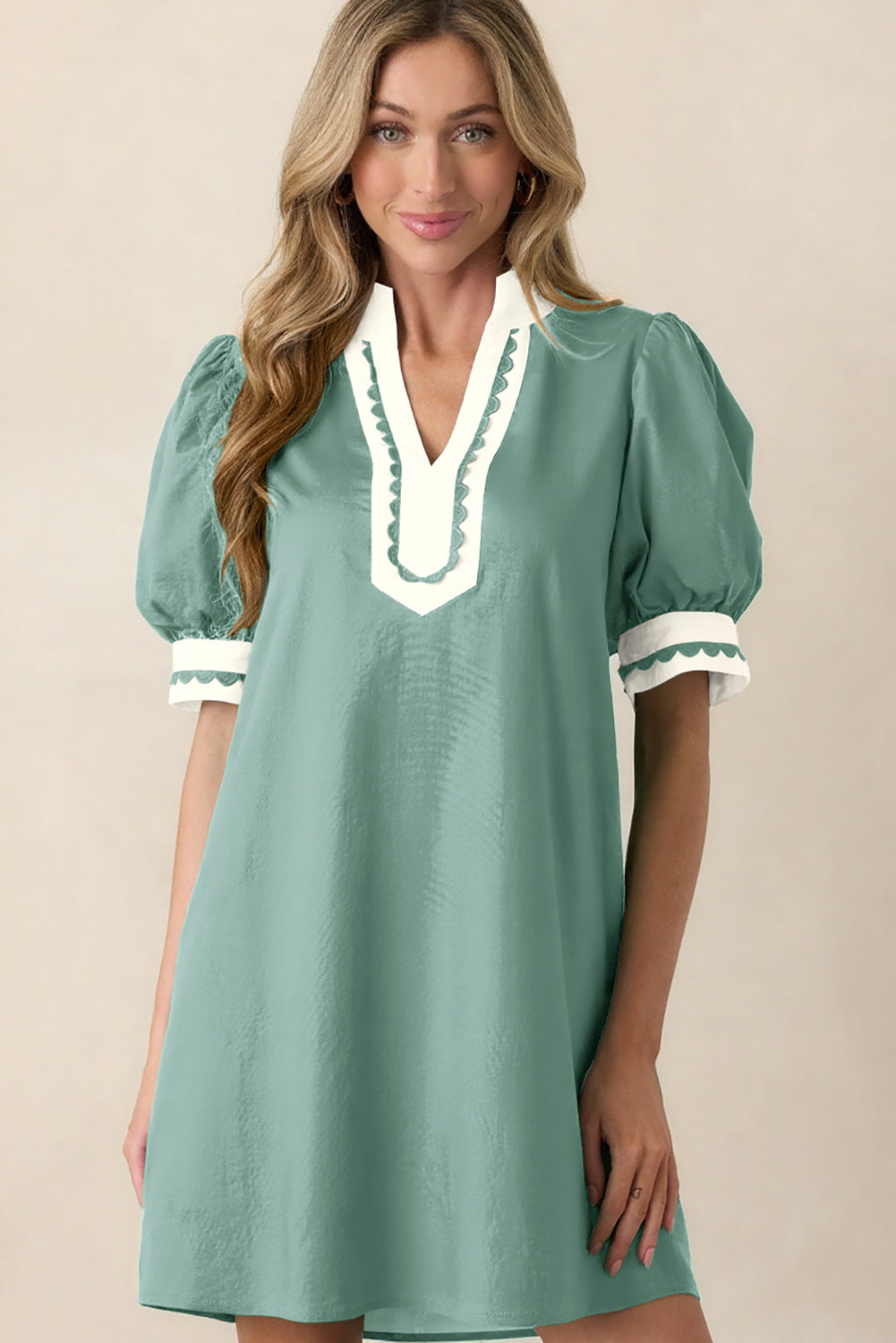 Scallop Color Block Trim Puff Sleeve Mini Dress