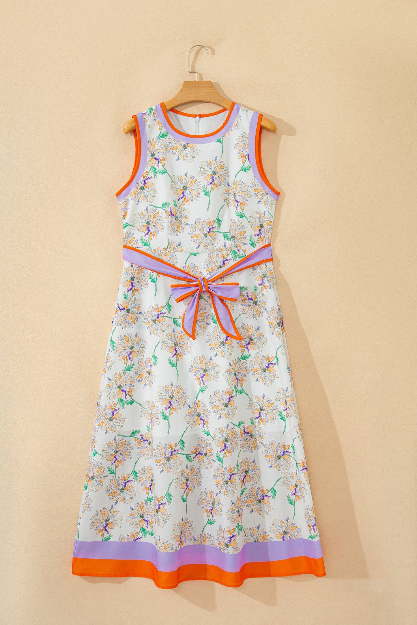 White Floral Print Color Block Trim Belted Sleeveless Maxi Dress