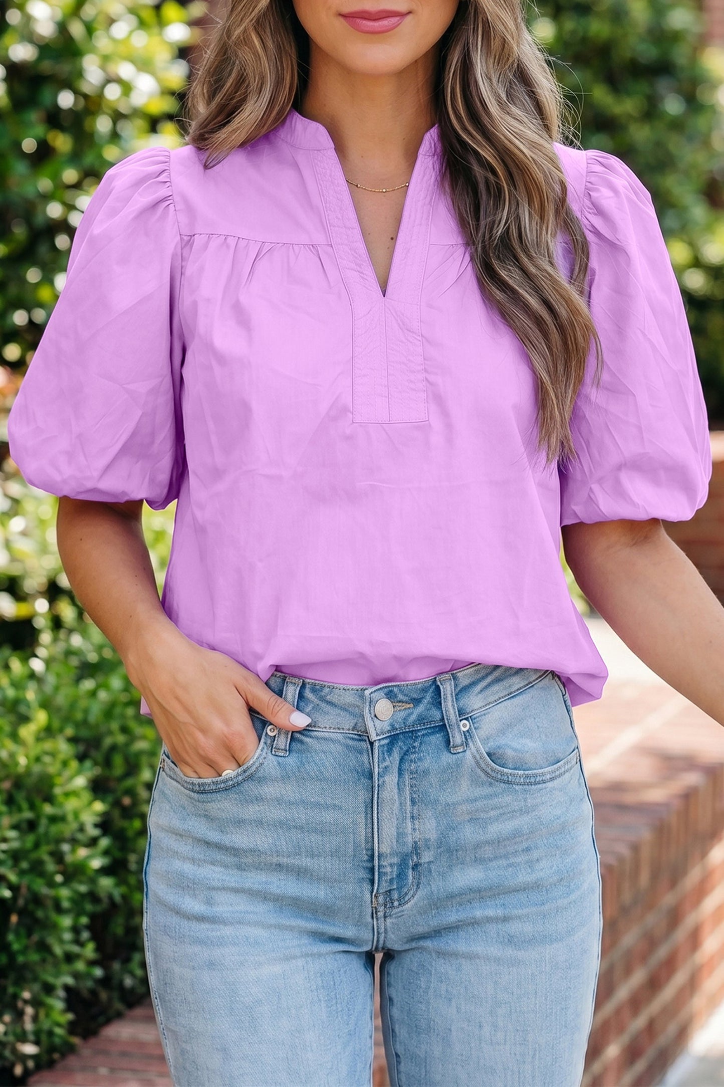 Stitched Detail Puffy Half Sleeve Blouse