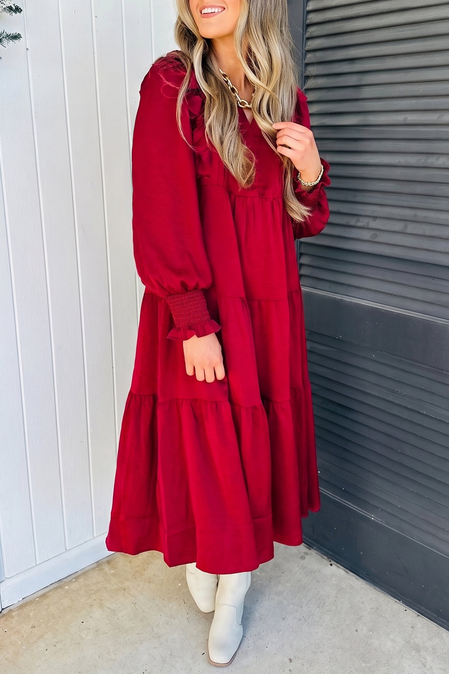 Ruffle Trim Long Sleeve Tiered Shift Midi Dress