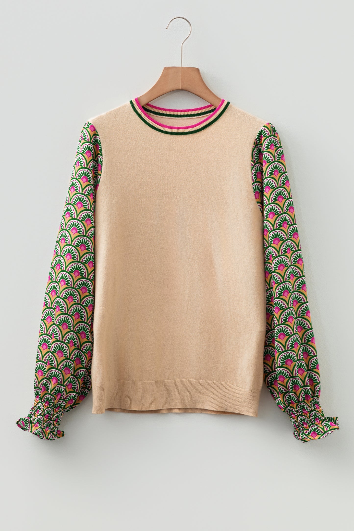 Blackish Green Floral Patchwork Shirred Cuff Puff Sleeve Sweater
