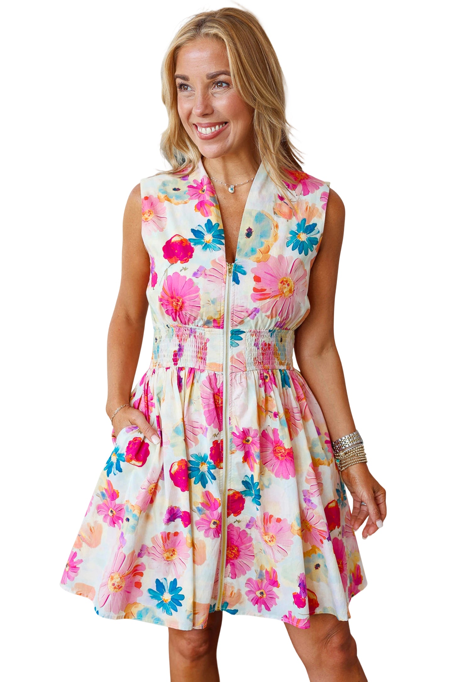 Floral Print V Neck Zip Up Smocked Waist Flared Mini Dress