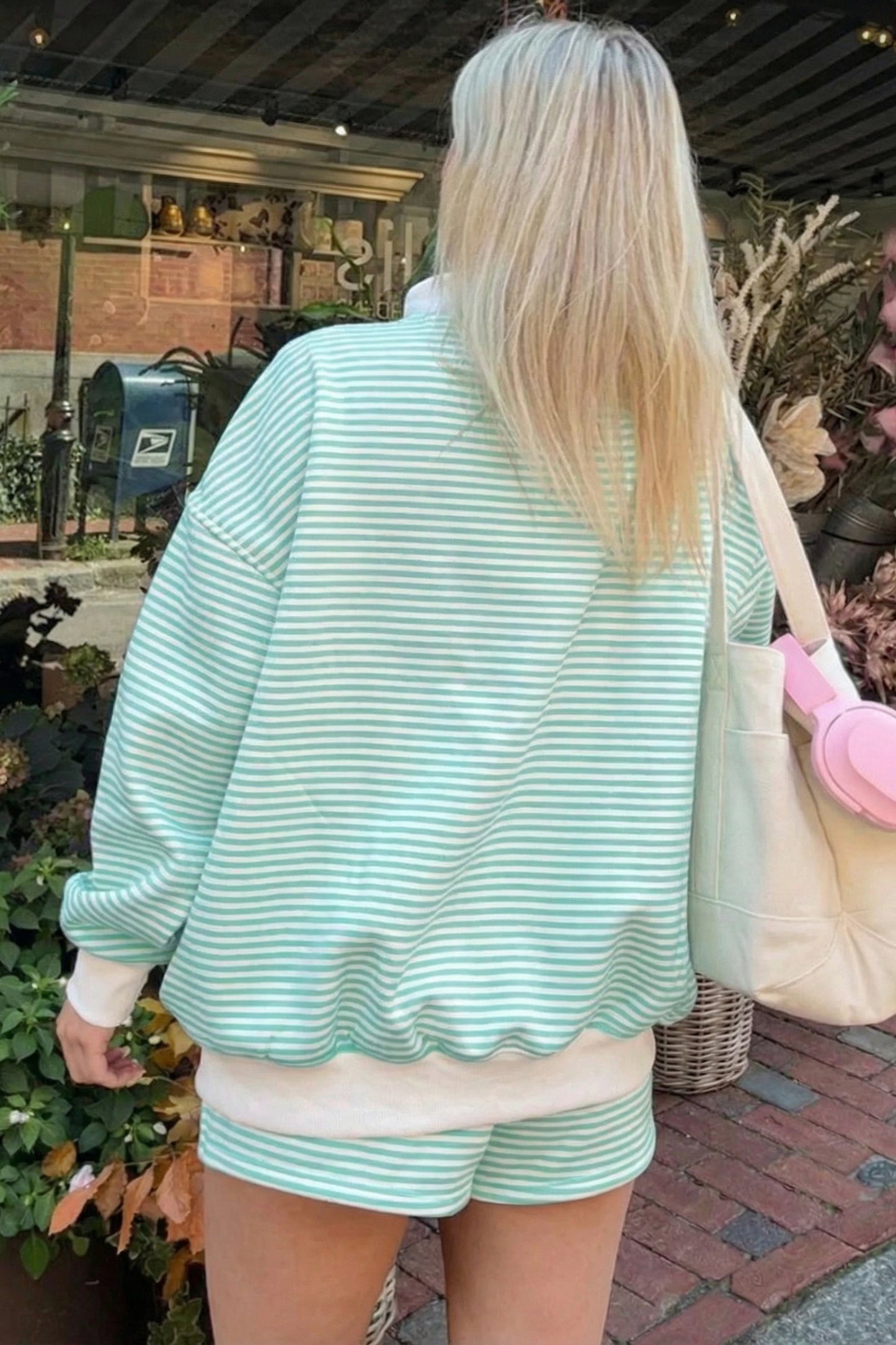 Pink Stripe Oversize Mock Neck Sweatshirt and Shorts Set
