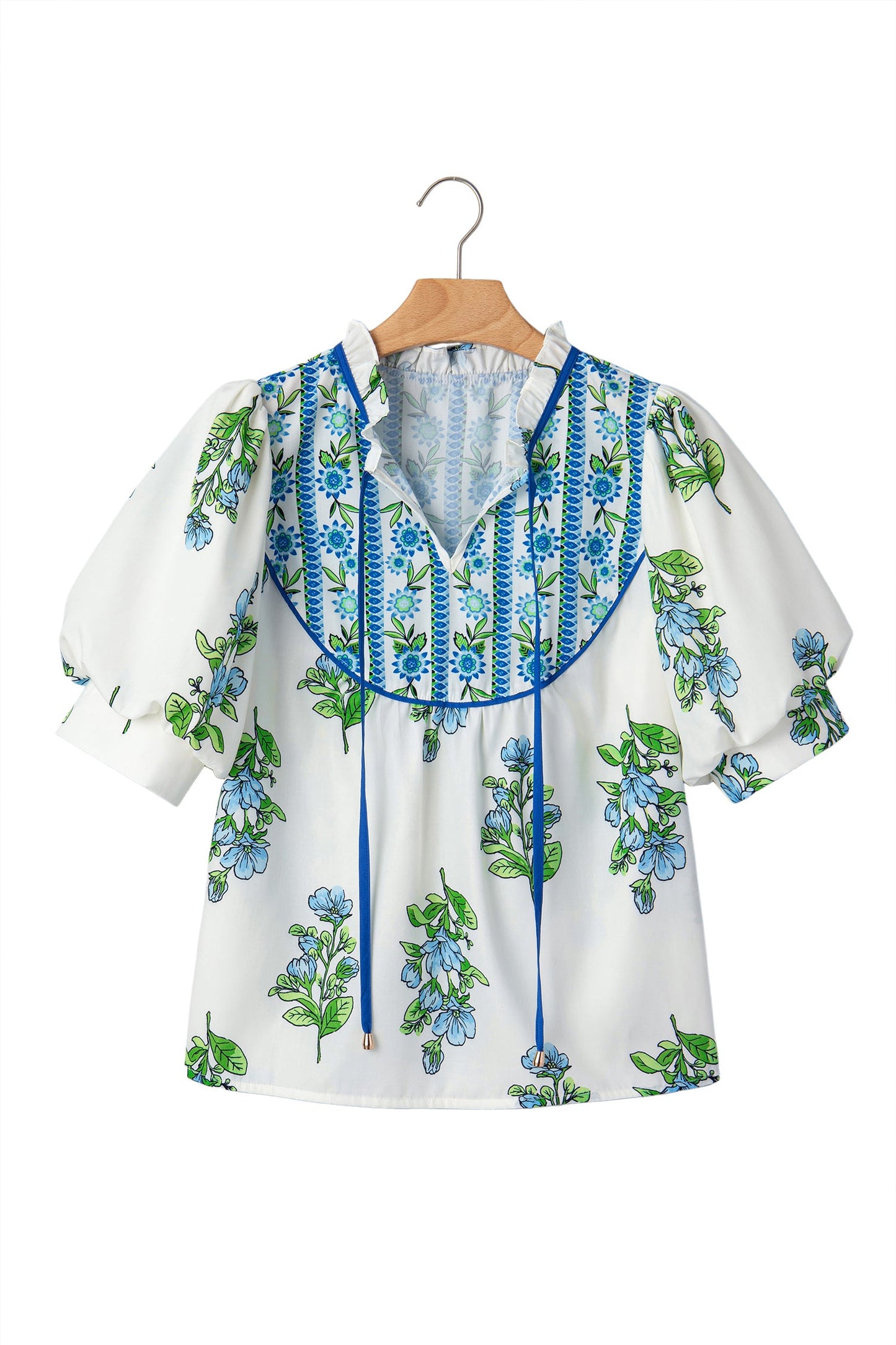 White Floral Print Contrast Trim Tie Neck Blouse