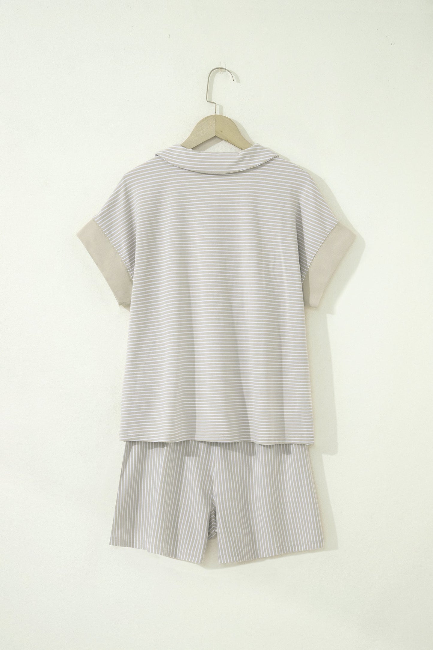 Khaki Stripe Dolman Sleeve Polo Shirt and Drawstring Shorts Set