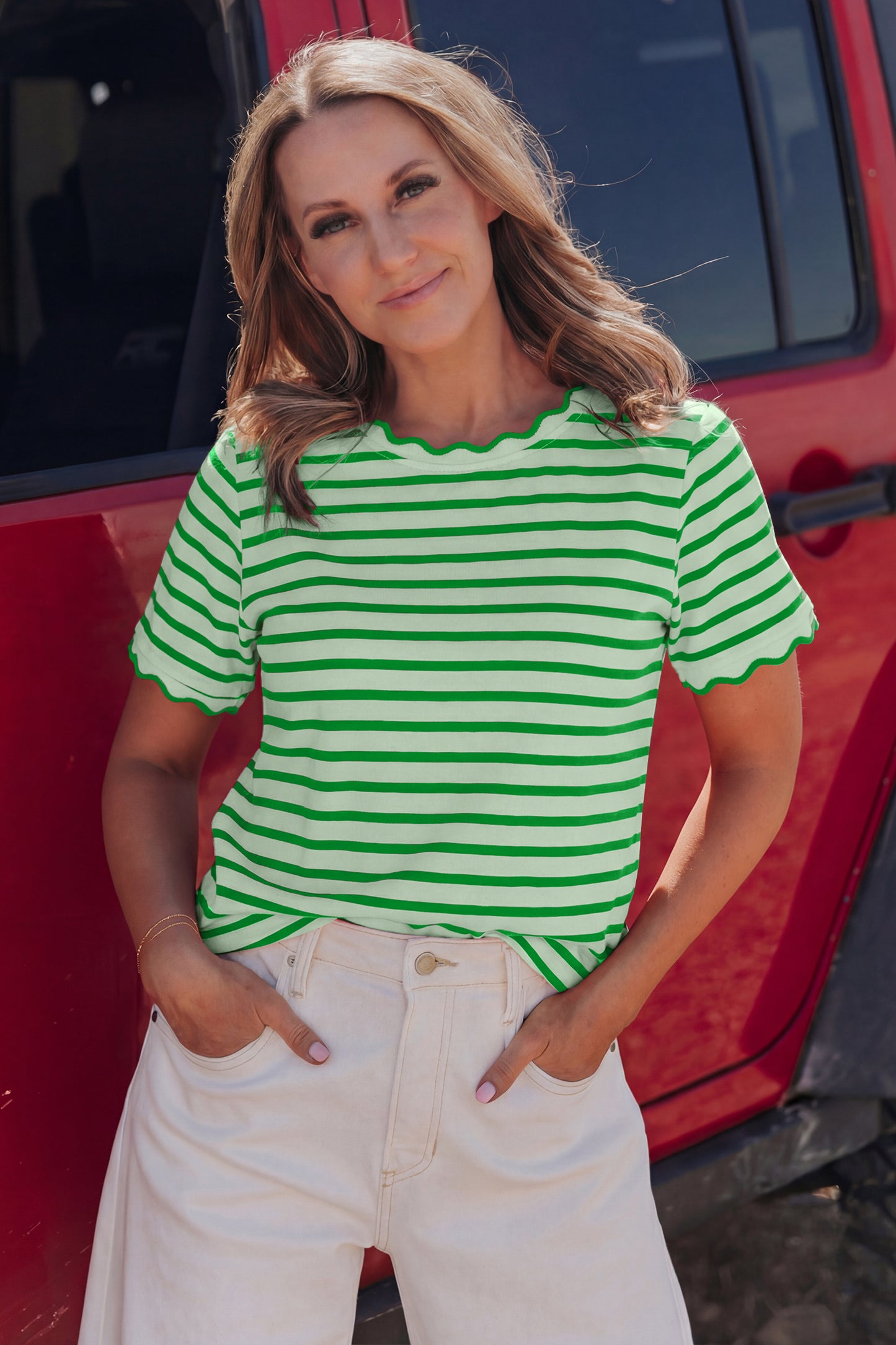 Pink Stripe Scalloped Trim Round Neck T Shirt