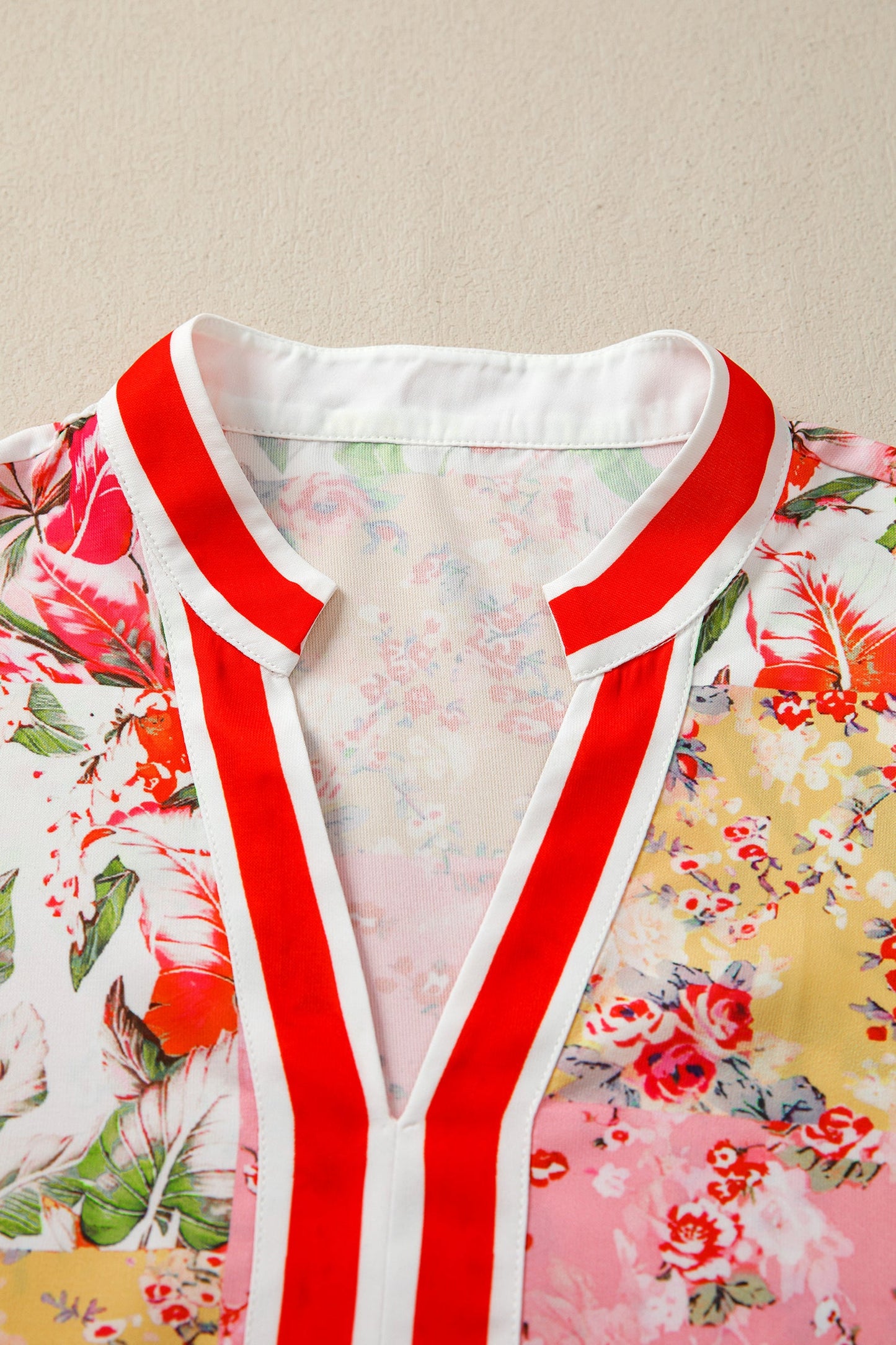 Pink Contrast Collared V Neck Floral Blouse