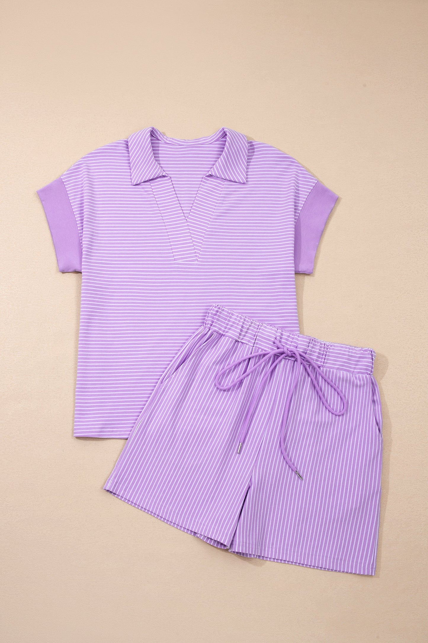 Purple Stripe Dolman Sleeve Polo Shirt and Drawstring Shorts Set