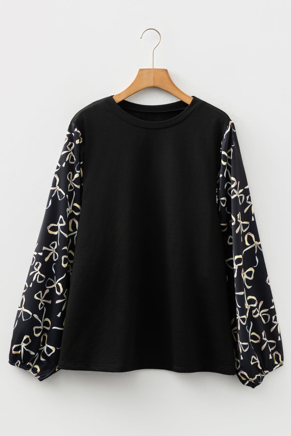 Black Bow Patchwork Crewneck Blouse