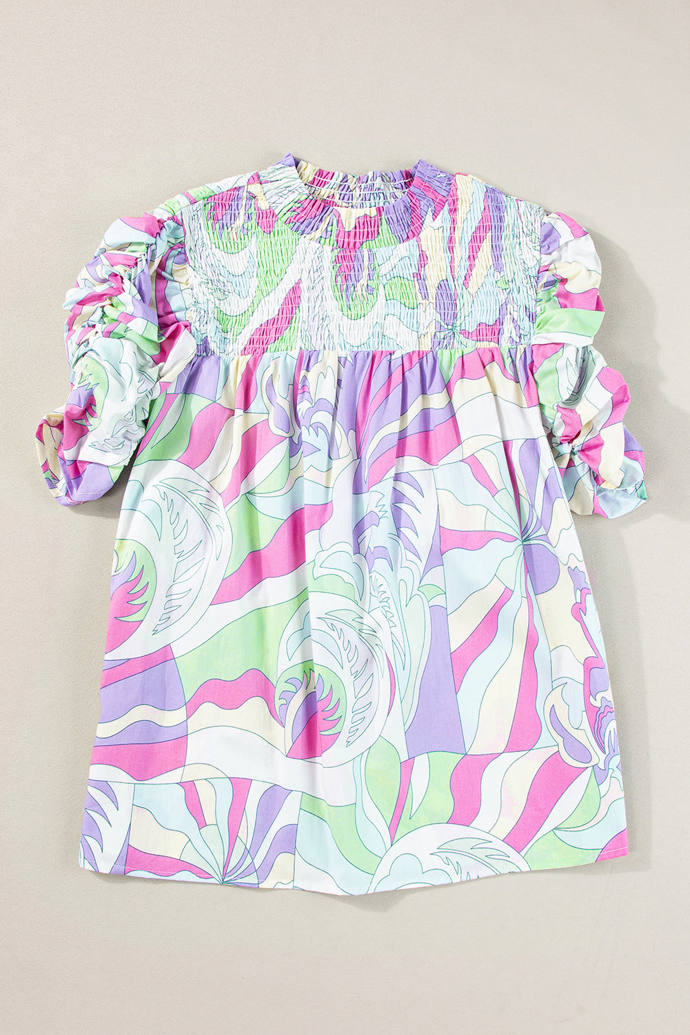Abstract Print Bubble Sleeve Smock Detail Blouse