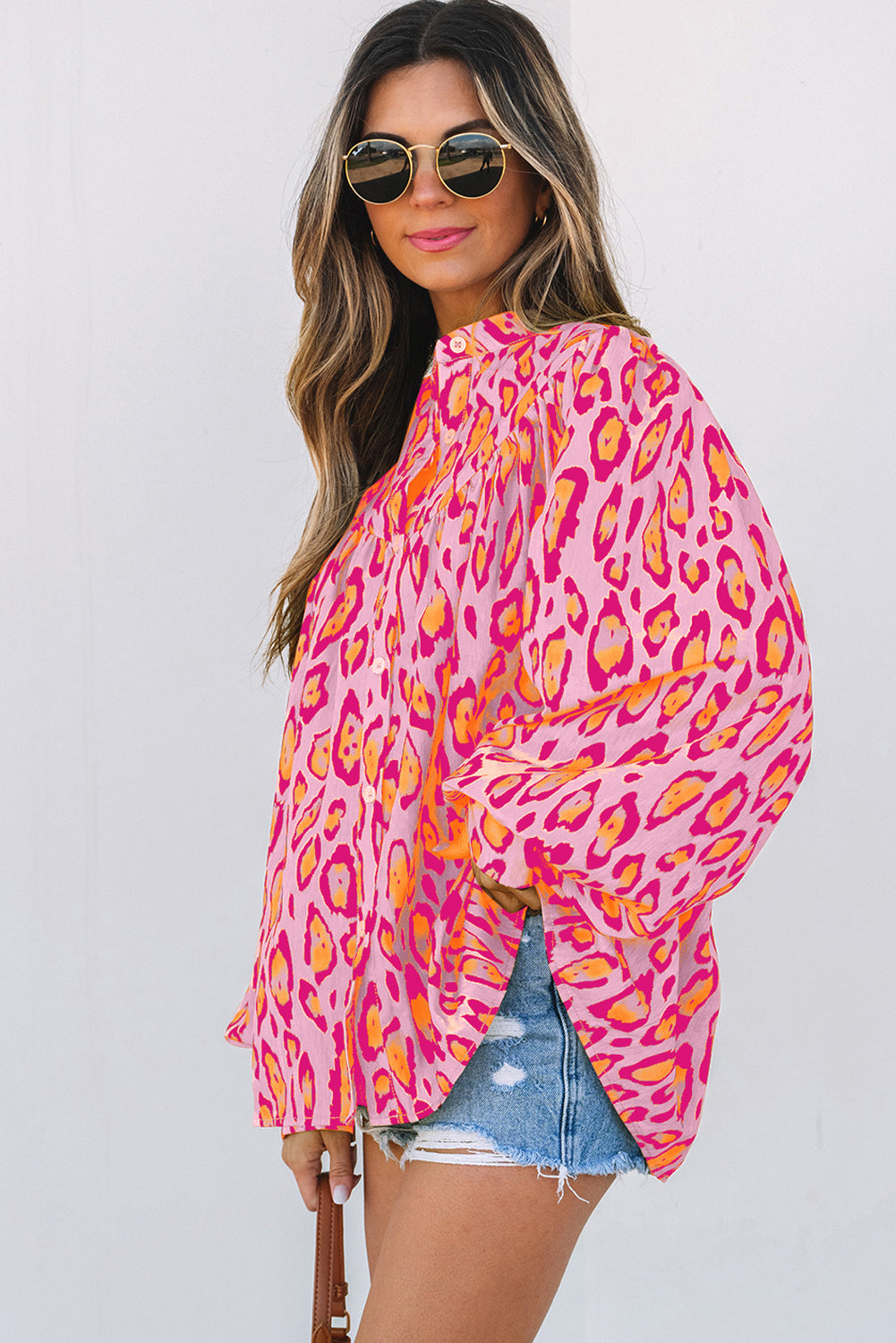 Light French Beige Oversized Leopard Print Balloon Sleeve Casual Shirt