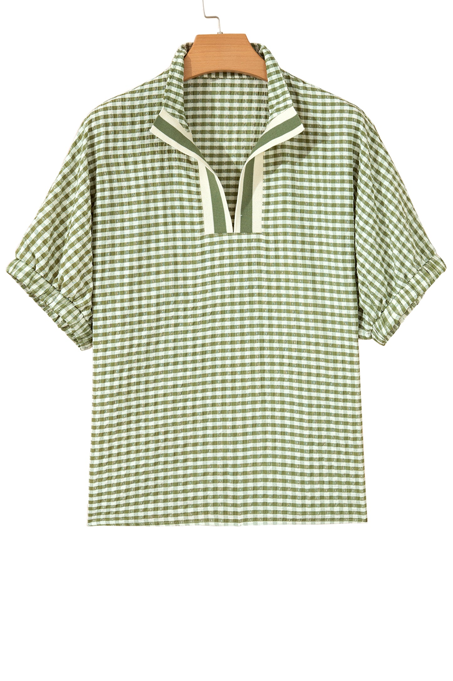 Red Plaid Short Sleeve Colorblock Trim Split Neck Blouse