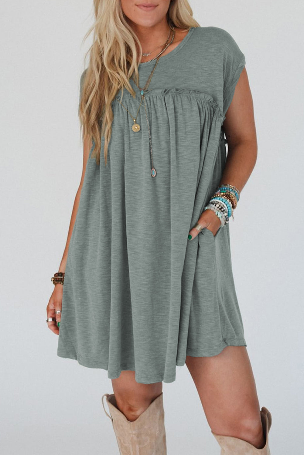 Frilled Gathered Seam T Shirt Dress