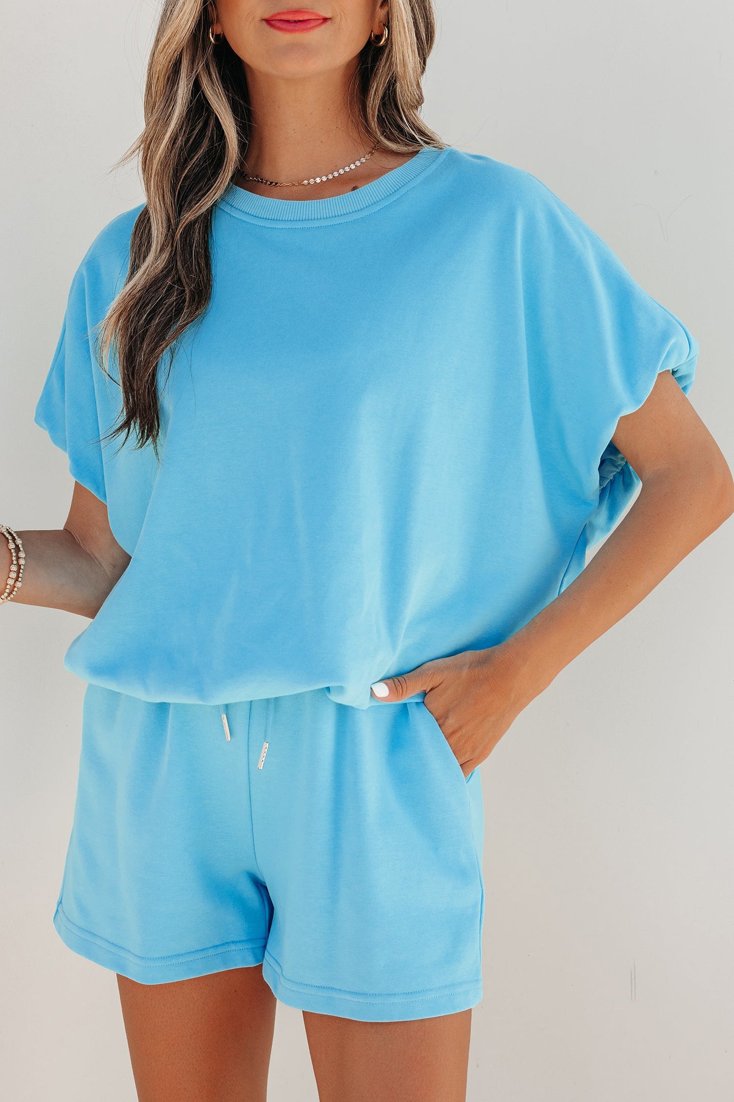 Light Blue Solid Color Puffy Loose Top Drawstring Shorts 2pcs Outfit