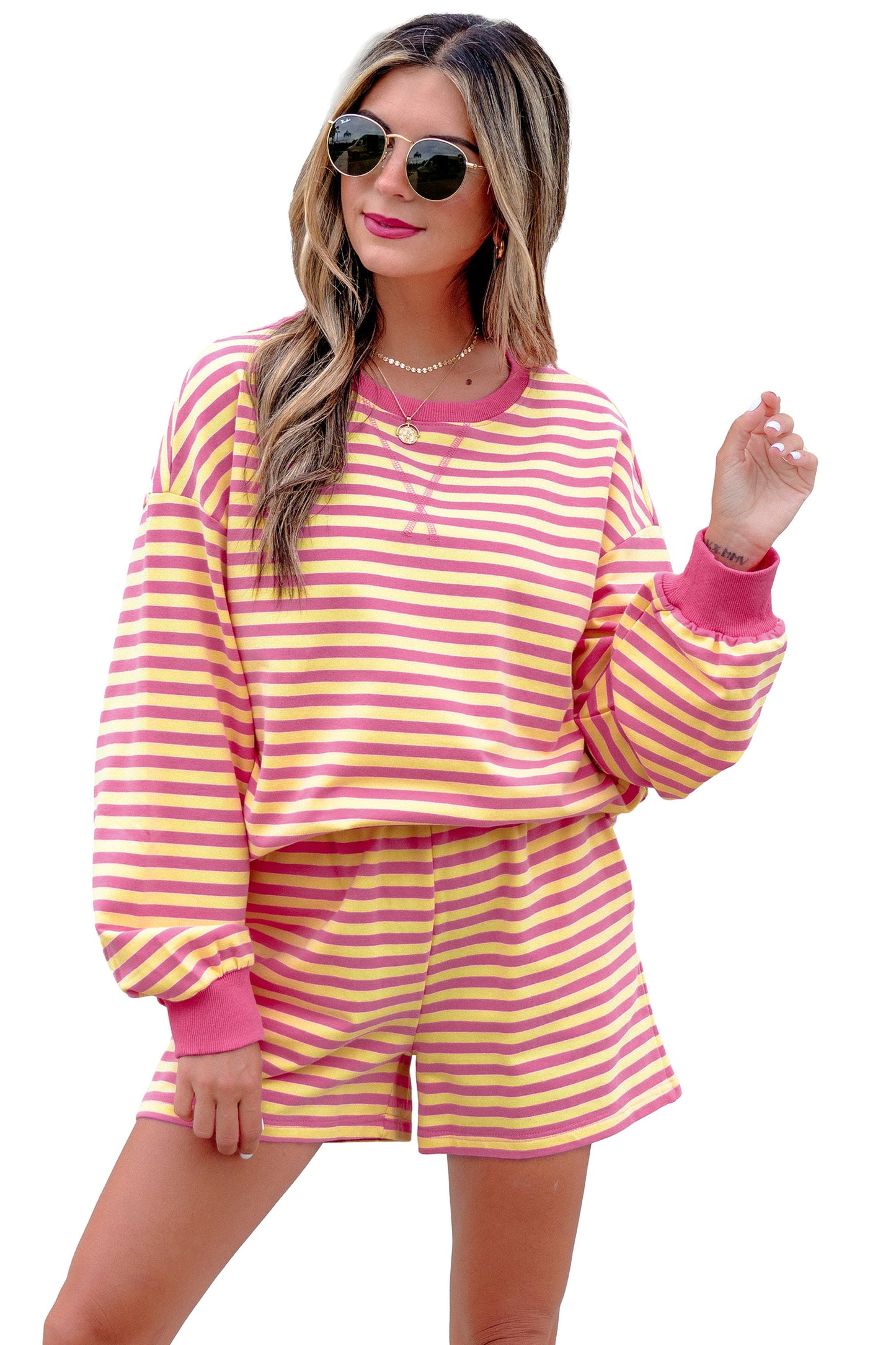 Yellow Stripe Color Block Trim Round Neck Long Sleeve Top Casual Shorts 2pcs Set