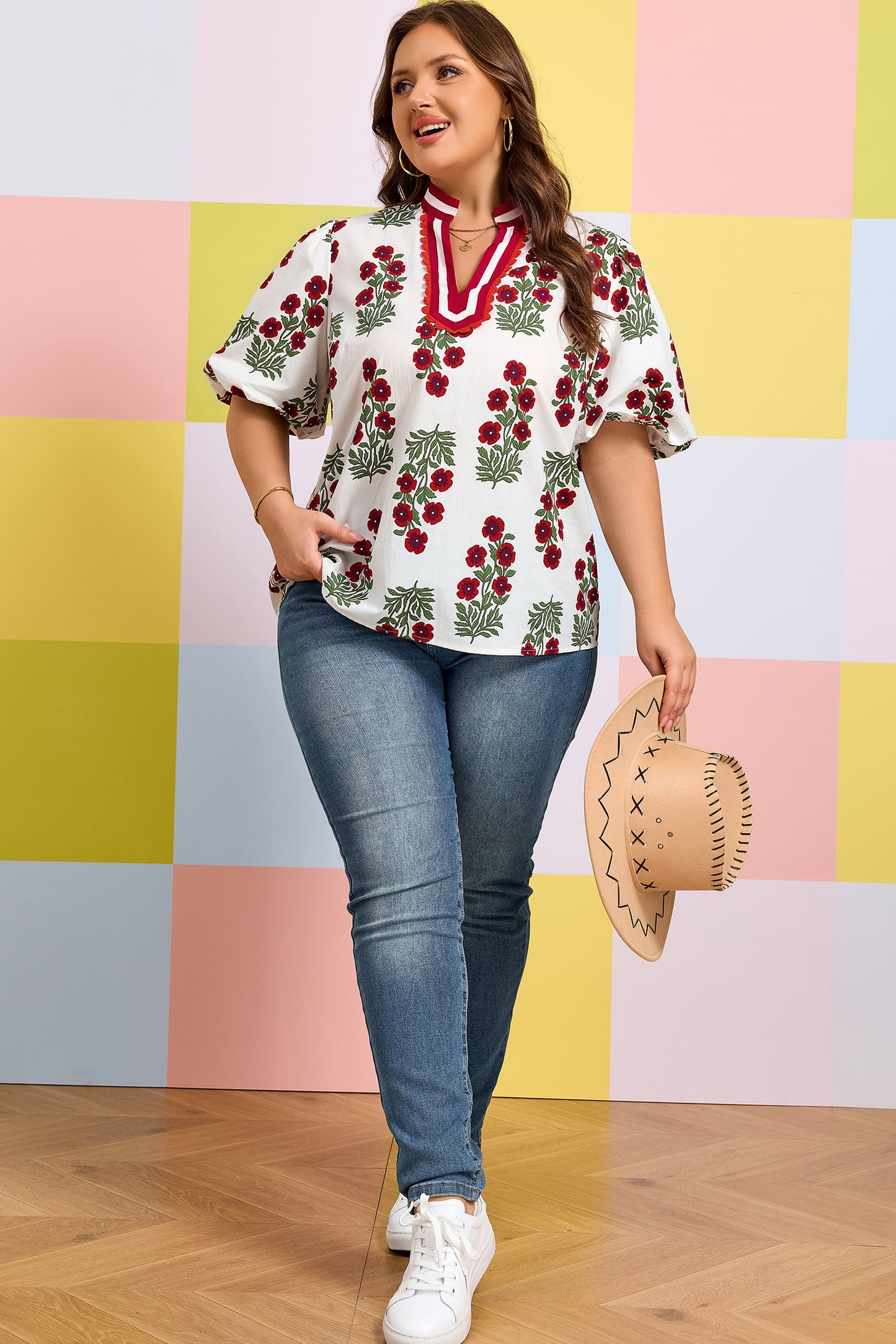Floral Print Ricrac Trim Blouse