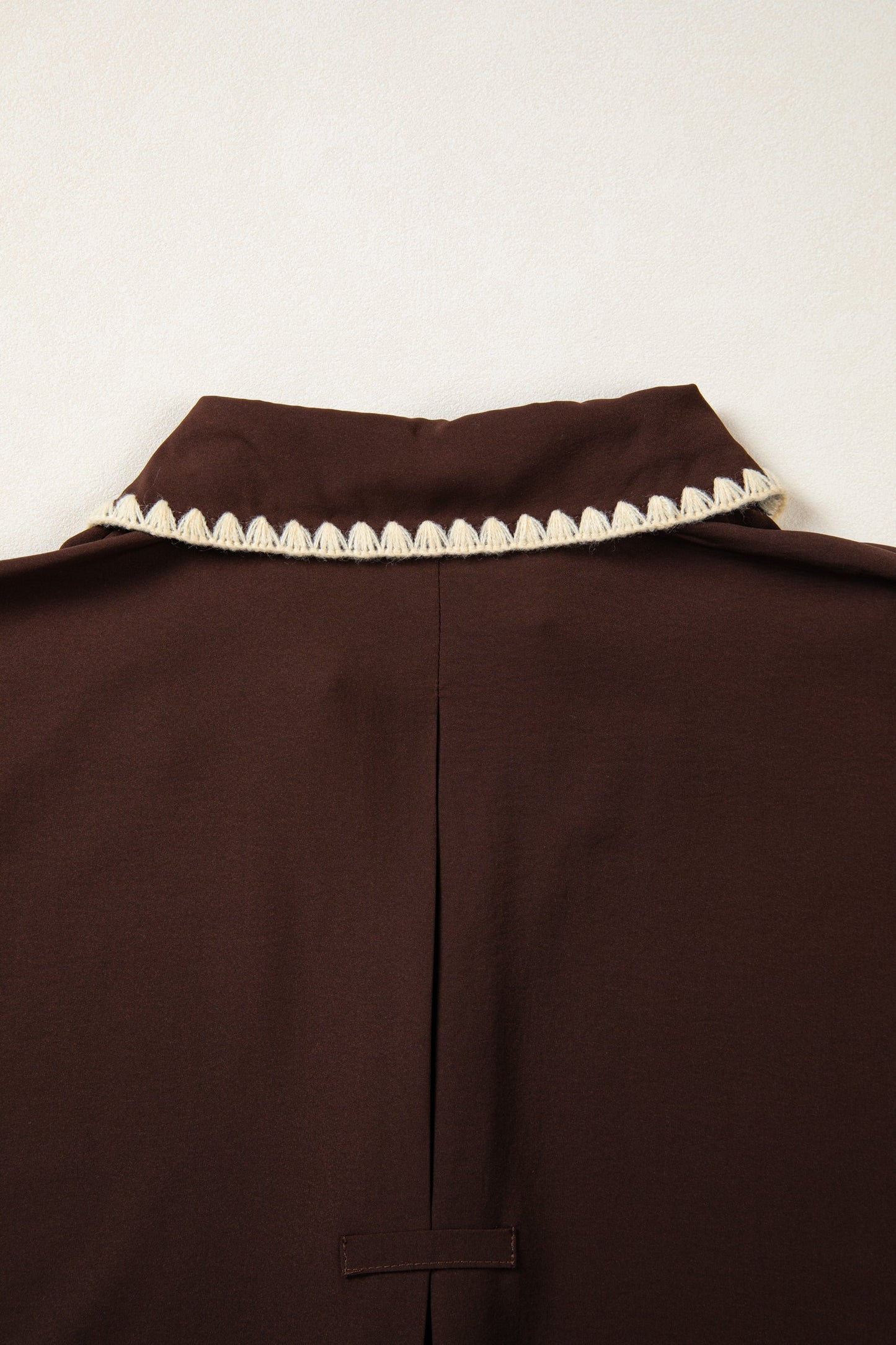 Coffee Shirt Collar Contrast Trim Button V Neck Short Sleeve Blouse
