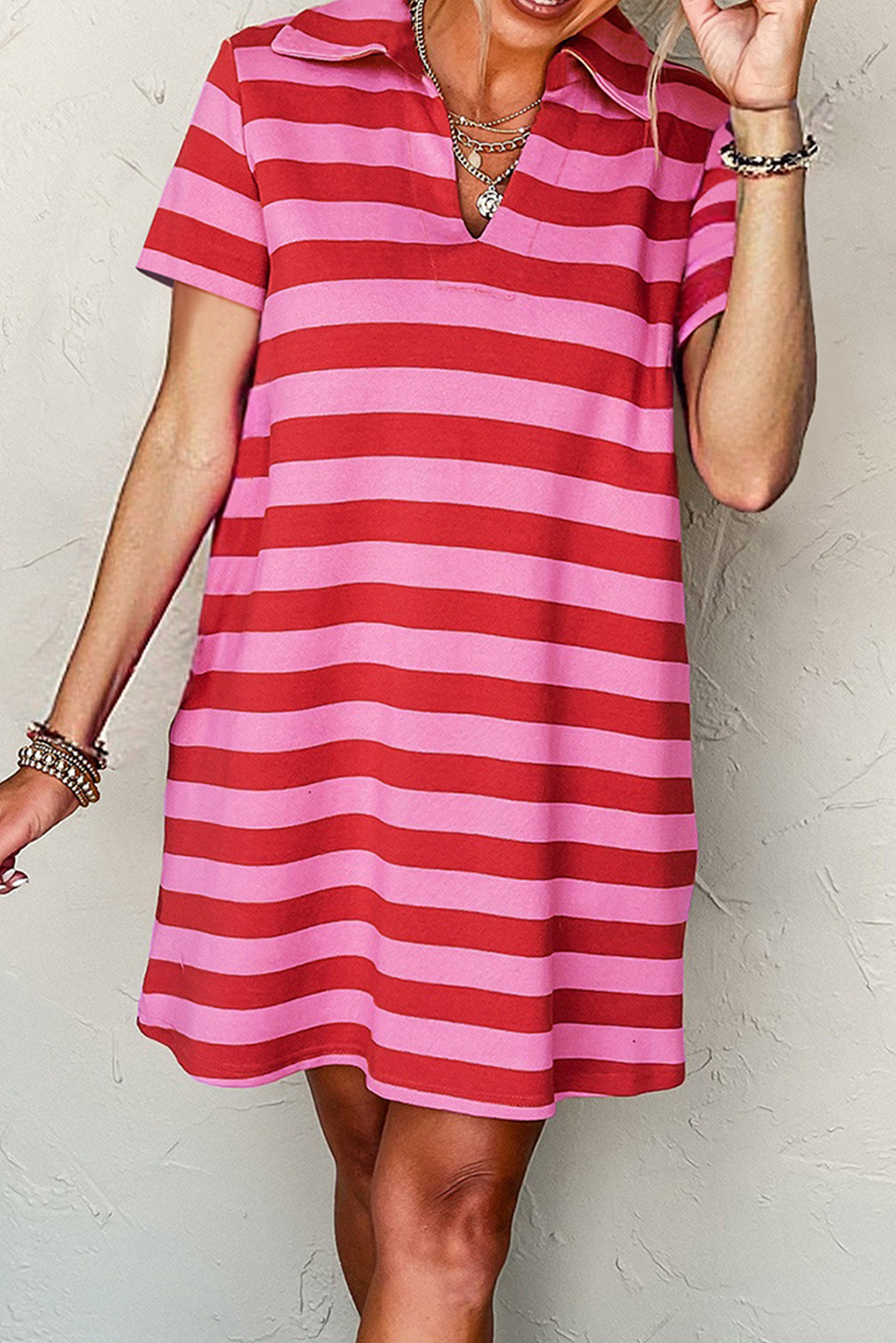 Textured Knit Collared V Neck Shift T Shirt Dress