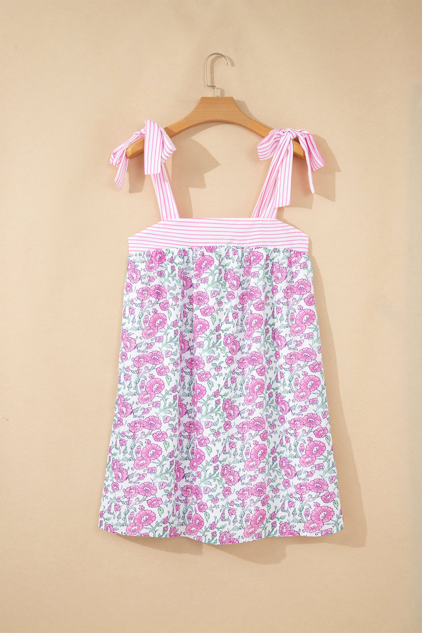 Floral Print Striped Patchwork Bow Knot Straps Mini Dress