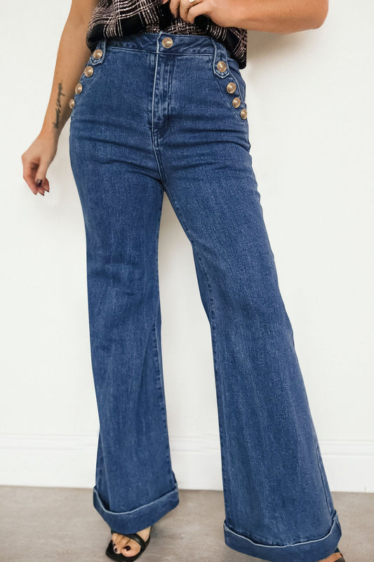 Ashleigh Button Detail Rolled Hem Flare Leg Jeans