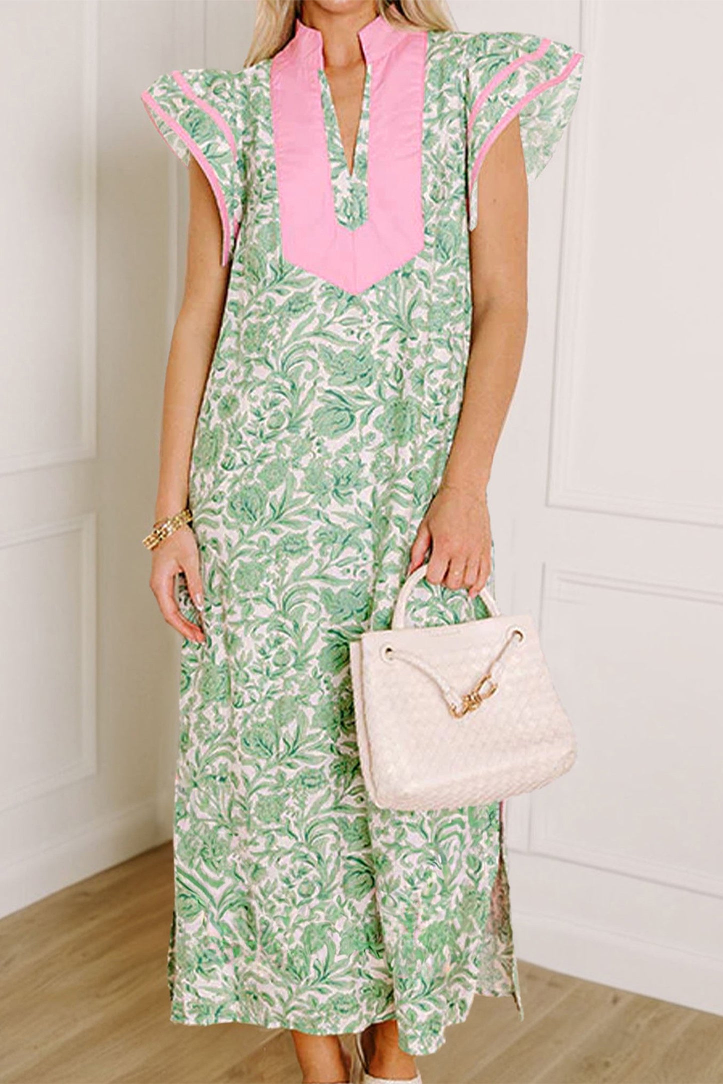 Patchwork V Neck Short Sleeve Midi Dress