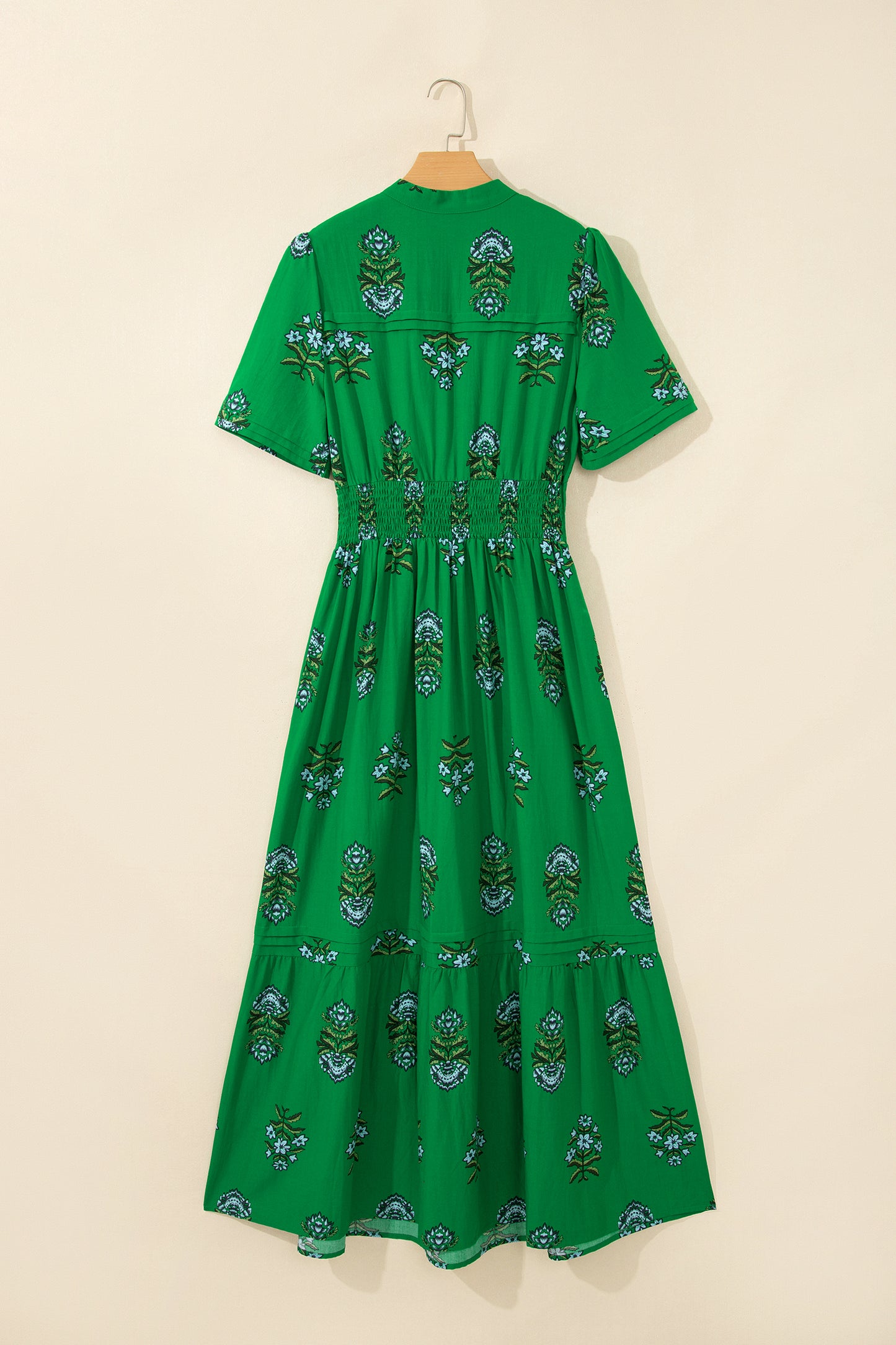 Floral Print Split Neck Shirred High Waist Ruffle Hem Maxi Dress