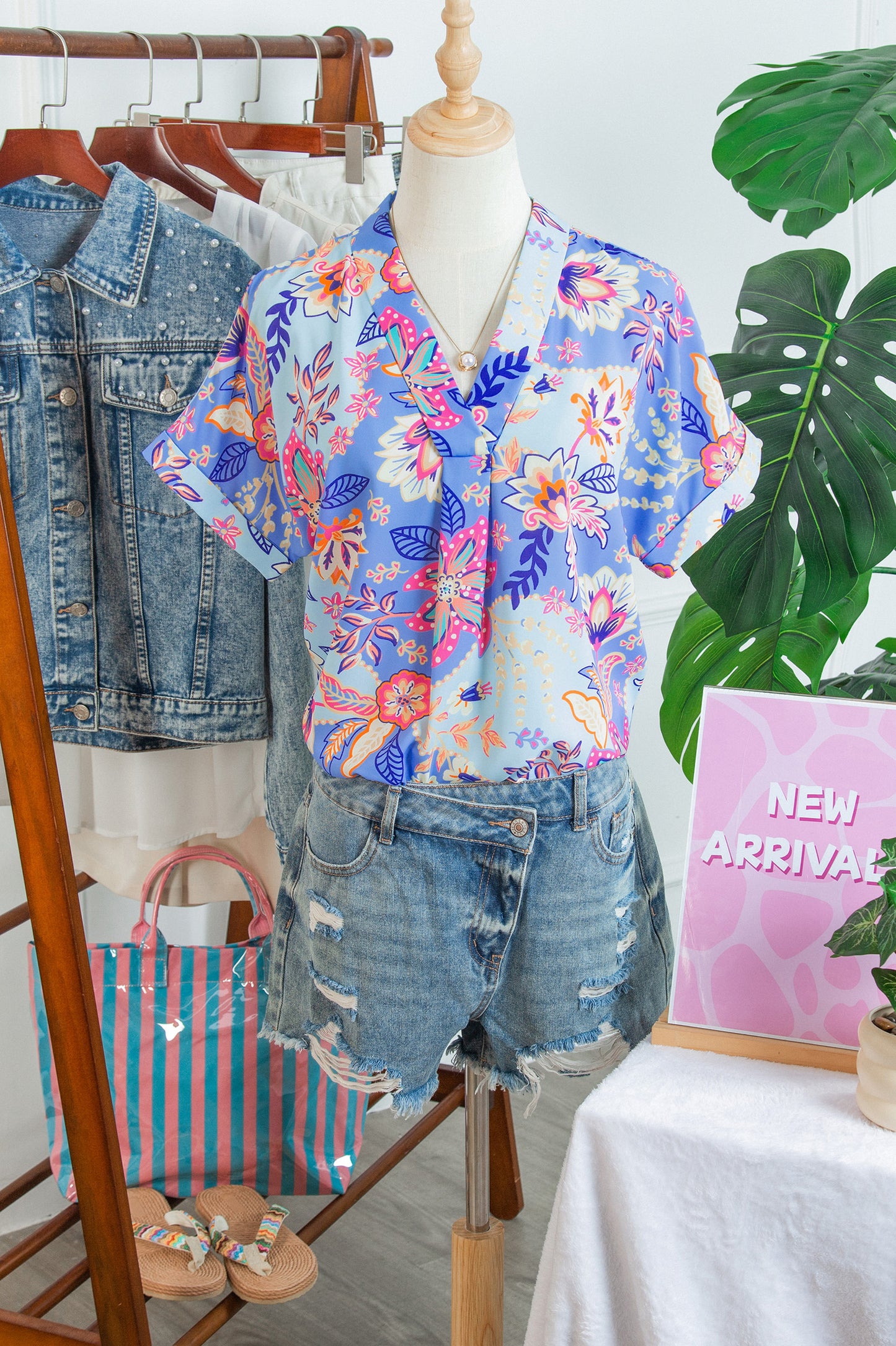 Floral Print V Neck Short Sleeve Blouse