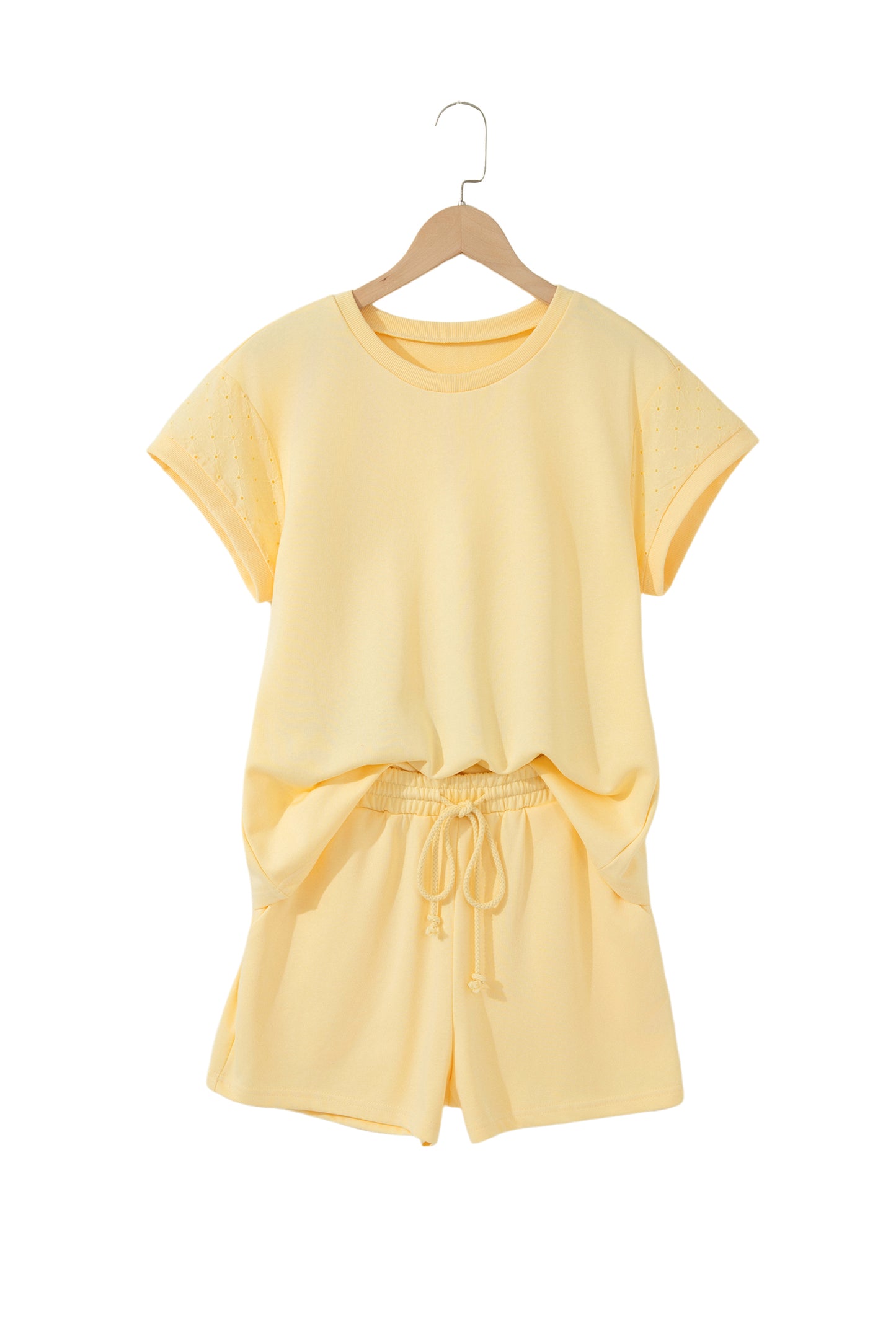 Yellow Eyelet Lace Patchwork Sleeve Short Set