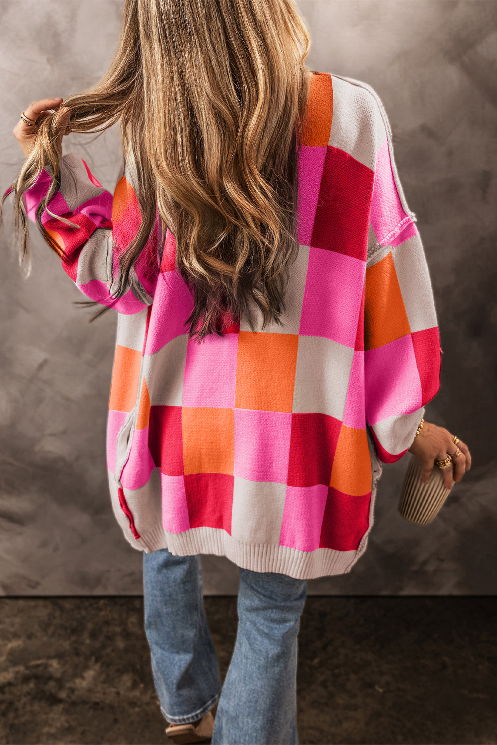 Checkered Drop Shoulder Exposed Seam Cardigan