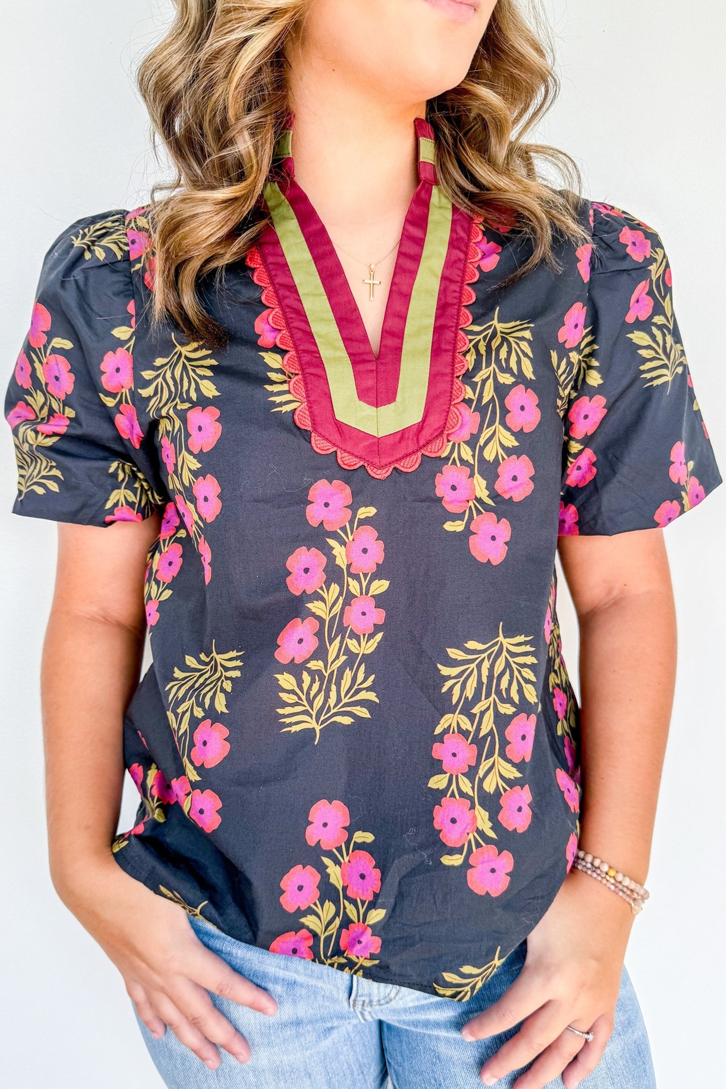 Floral Print Ricrac Trim Blouse