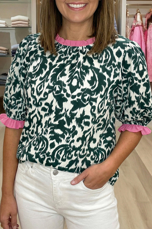 Green Damask Print Blouse
