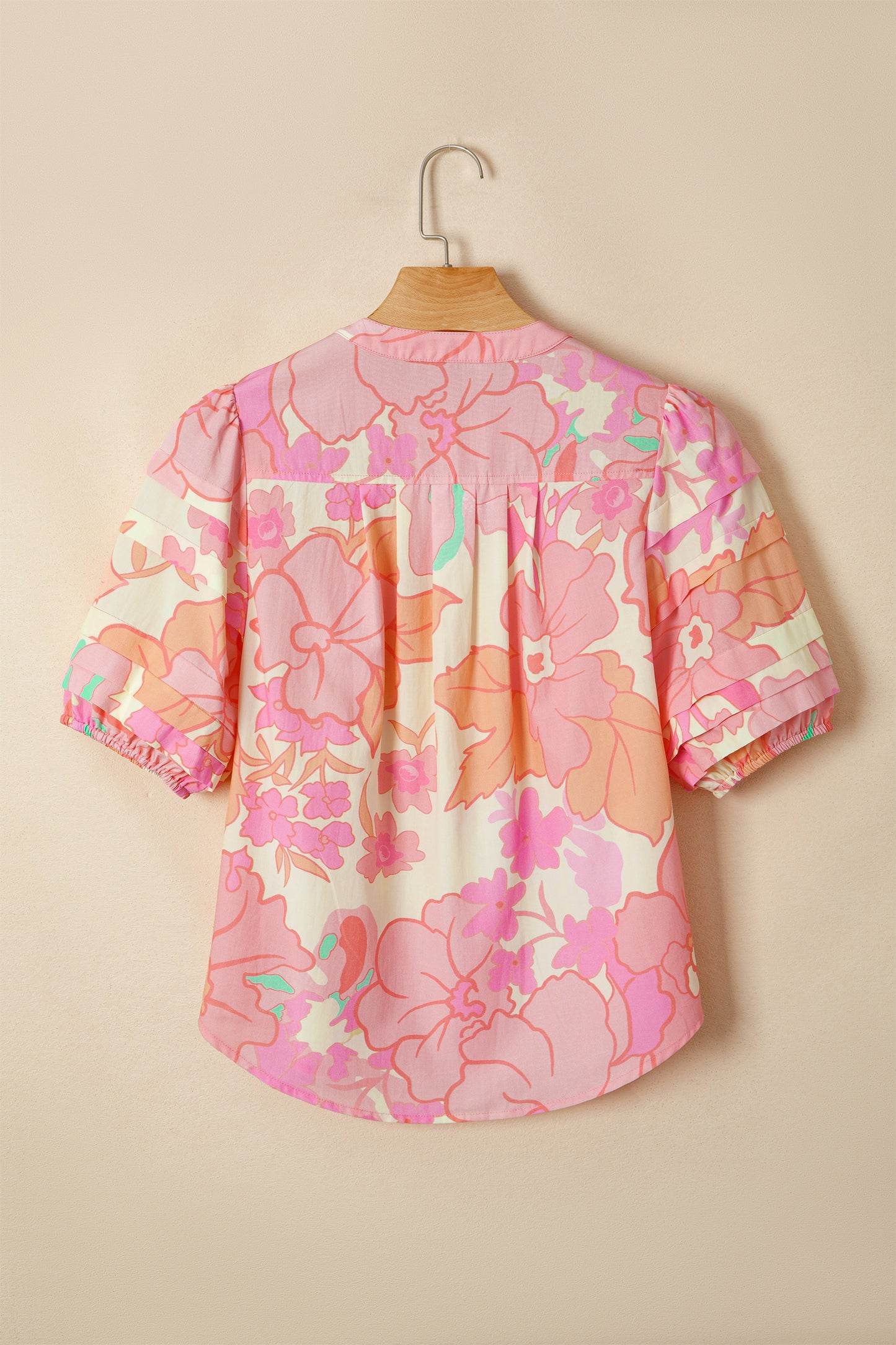 Floral Print Button Down Pintuck Short Sleeve Shirt