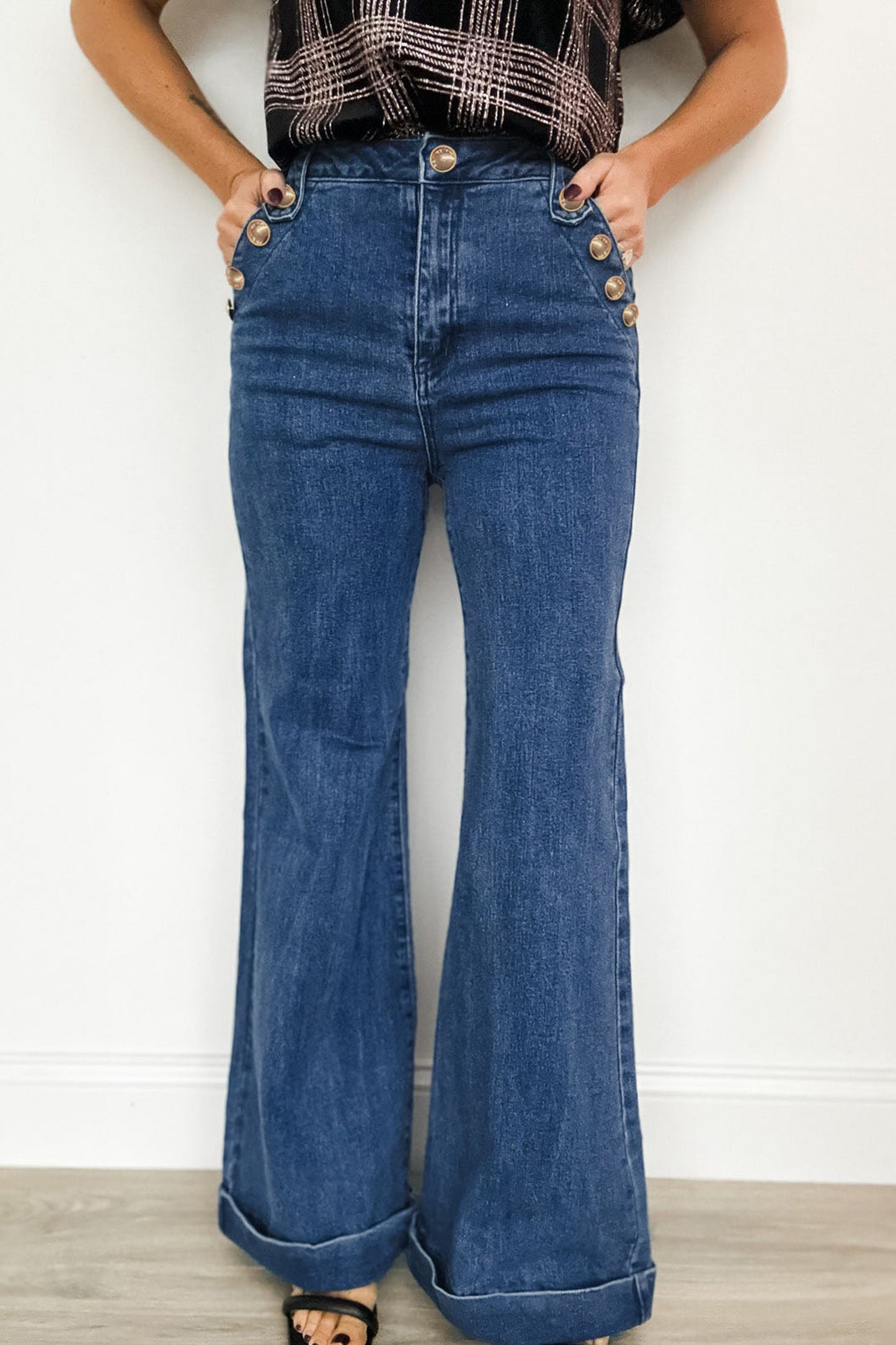 Ashleigh Button Detail Rolled Hem Flare Leg Jeans