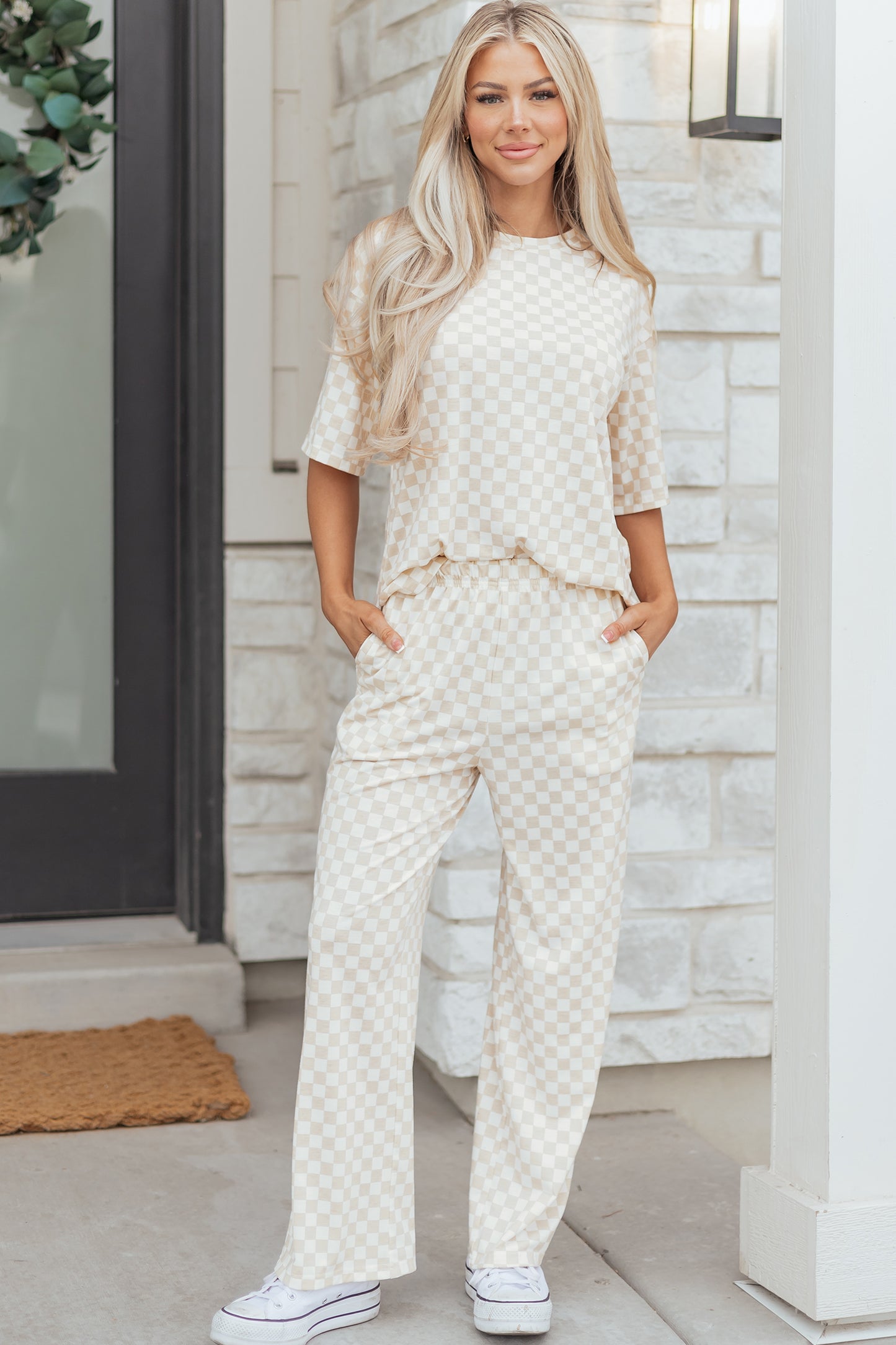 Checkered Print Half Sleeve Tee 2pcs Lounge Pant Set
