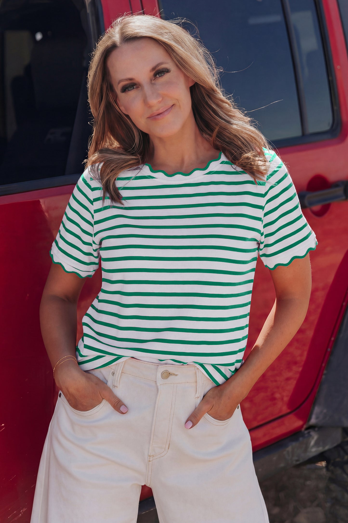 Pink Stripe Scalloped Trim Round Neck T Shirt