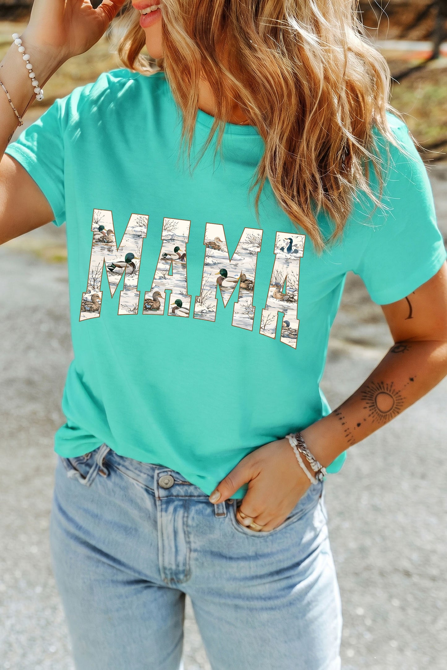 Mint Green Mallard Duck Print MAMA Lettering Graphic T Shirt