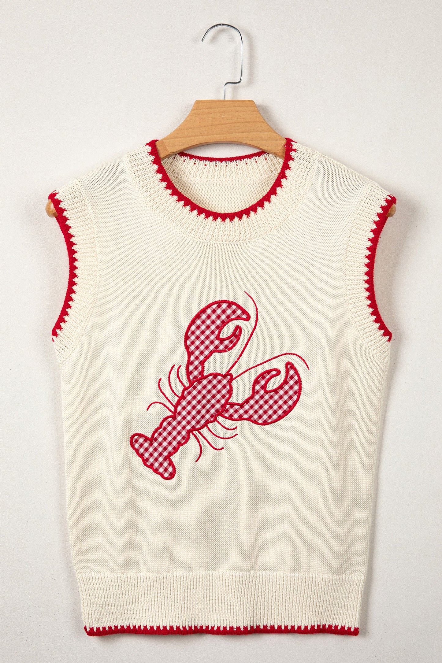 Beige Plaid Crawfish Crew Neck Knit Sweater Vest