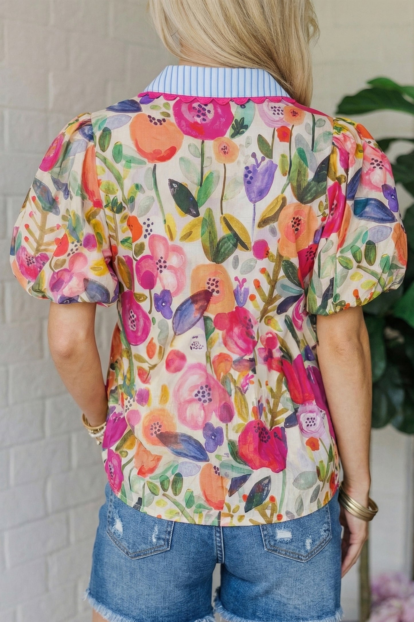 Floral Print V Neck Short Puff Sleeve Cotton Blouse