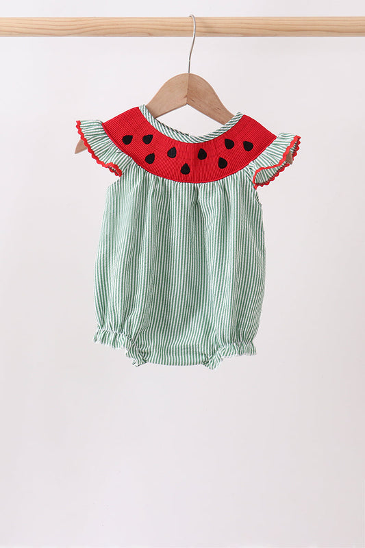 Green Watermelon Stripe Smocked Embroidered Seersucker Bubble