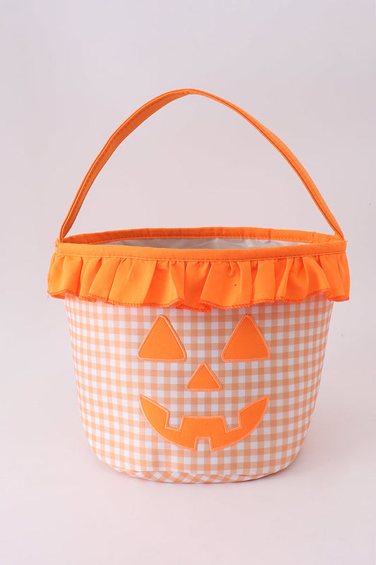 Pumpkin Applique Gingham Ruffle Basket