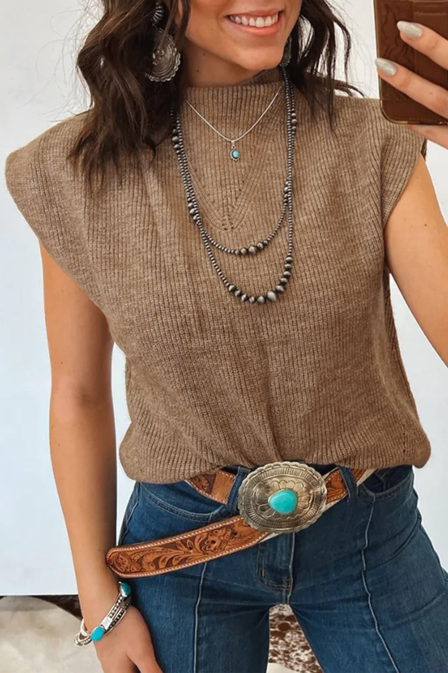 Beige Ribbed Knit Mock Neck Sweater