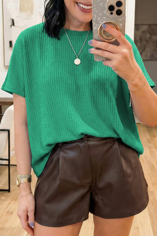 Waffle Textured Knit Dolman Short Sleeve Loose Top