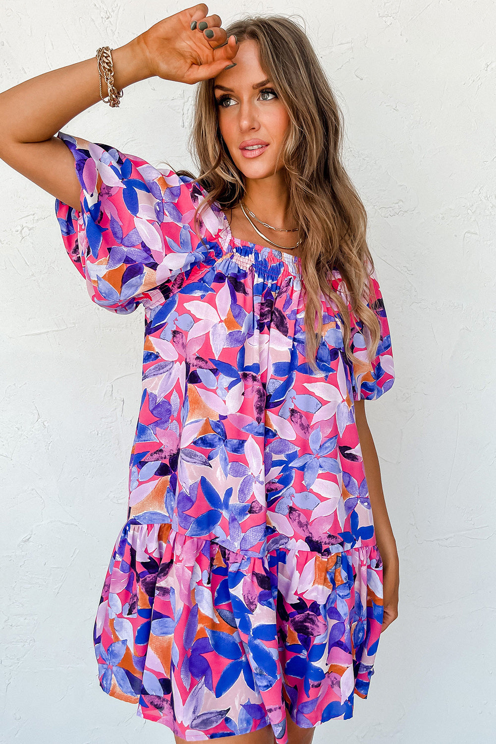 Flower Print Puff Sleeve Ruffled Dress