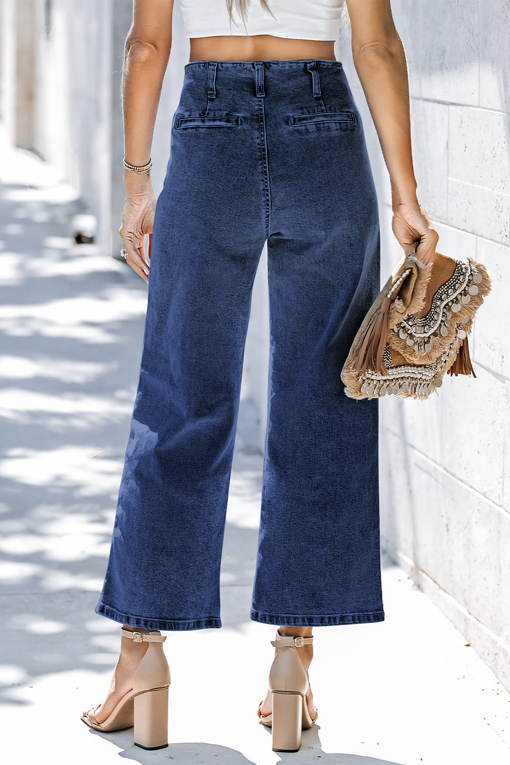 High Waist Button Front Wide Leg Cropped Jeans