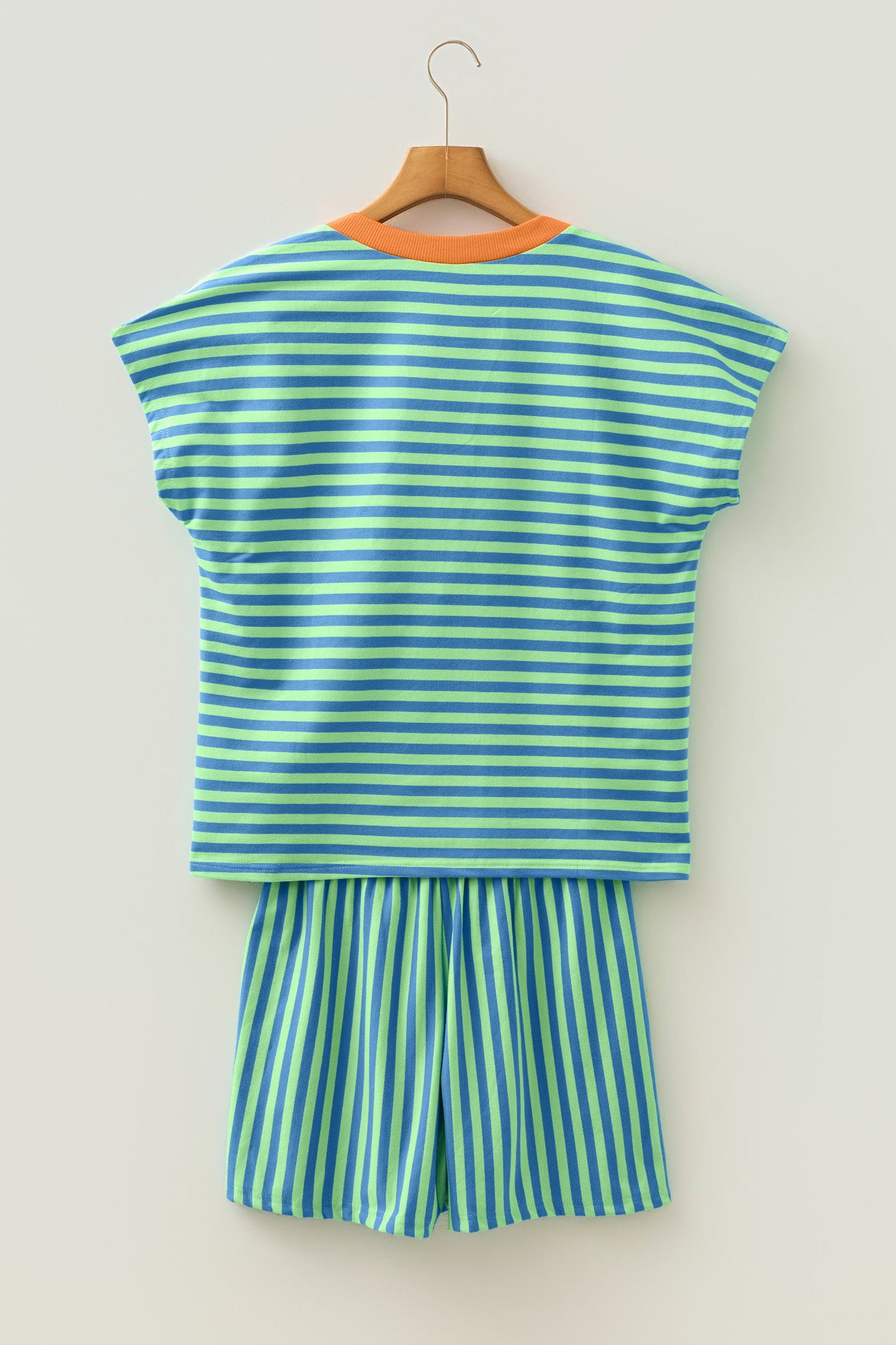 Green Stripe Colorblock Trim V Neck Tee Drawstring Elastic Waist Short Set