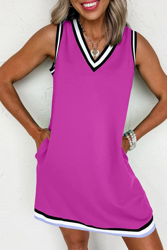 Contrast Trim V Neck Shift Sleeveless Mini Dress