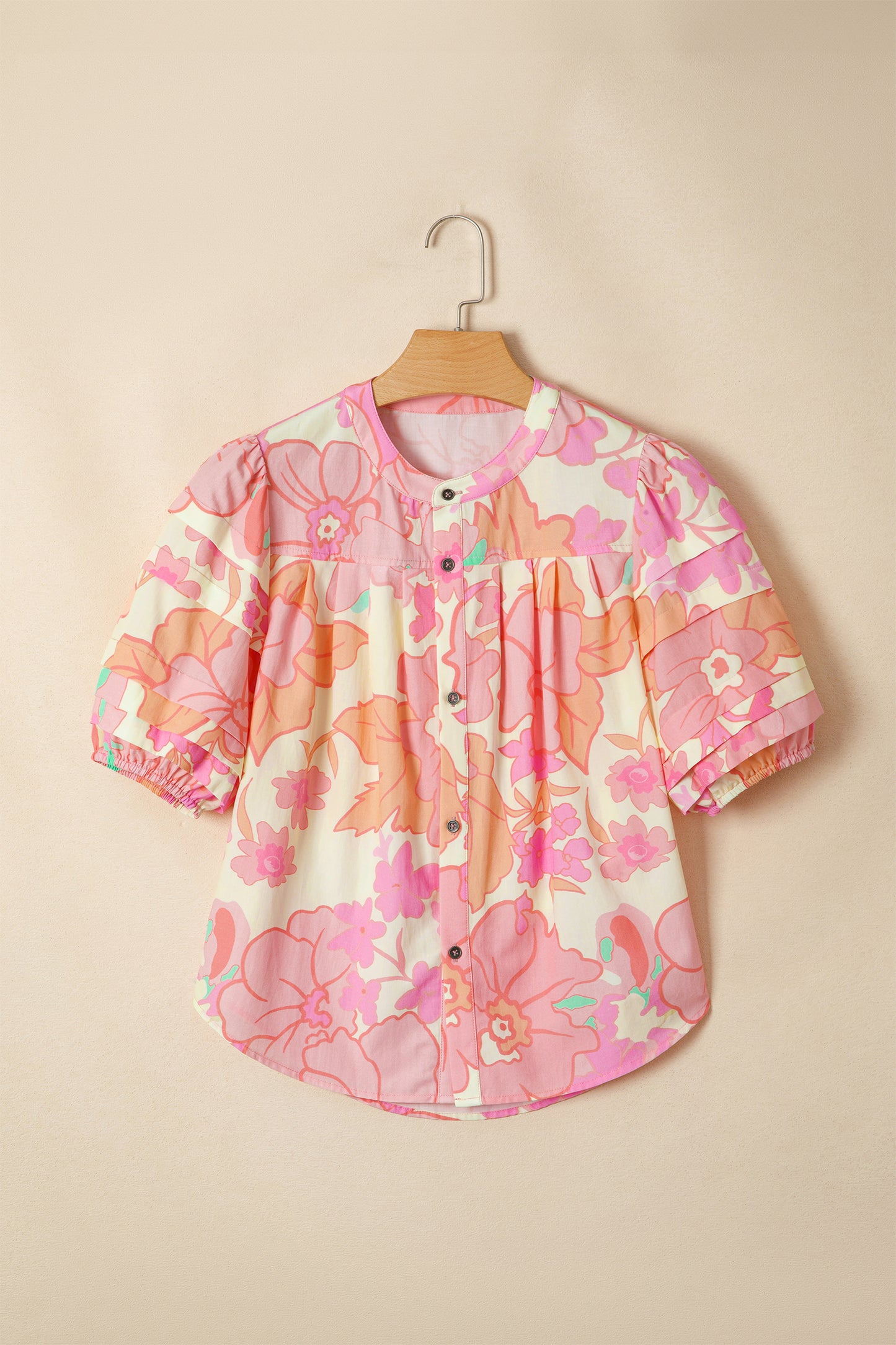 Floral Print Button Down Pintuck Short Sleeve Shirt