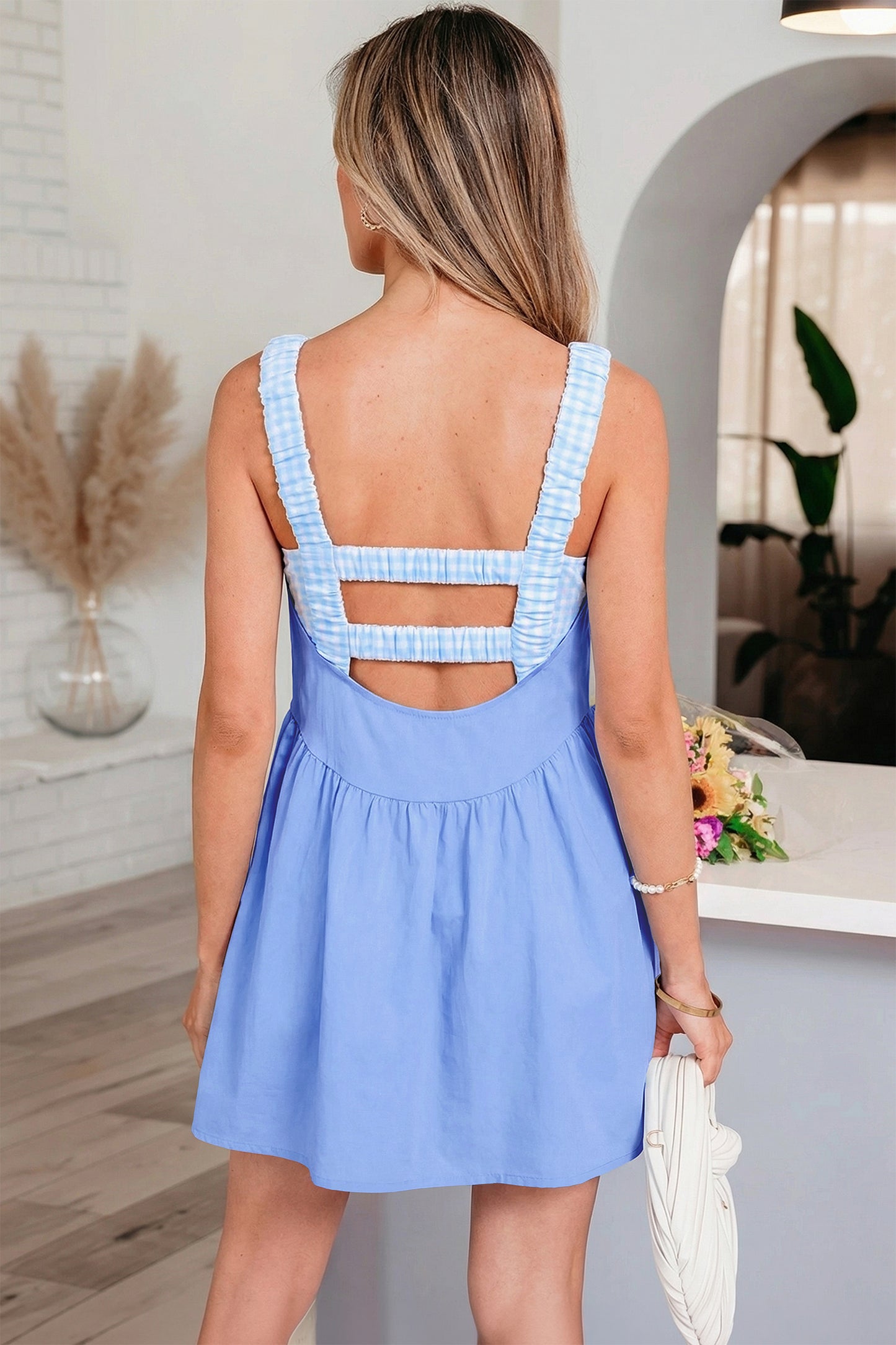 Faux Two Piece Gingham Contrast Mini Dress